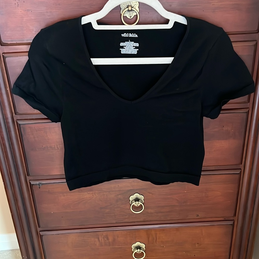 Wild Fable Black Crop Knit Fitted Short Sleeve Tee Shirt Large